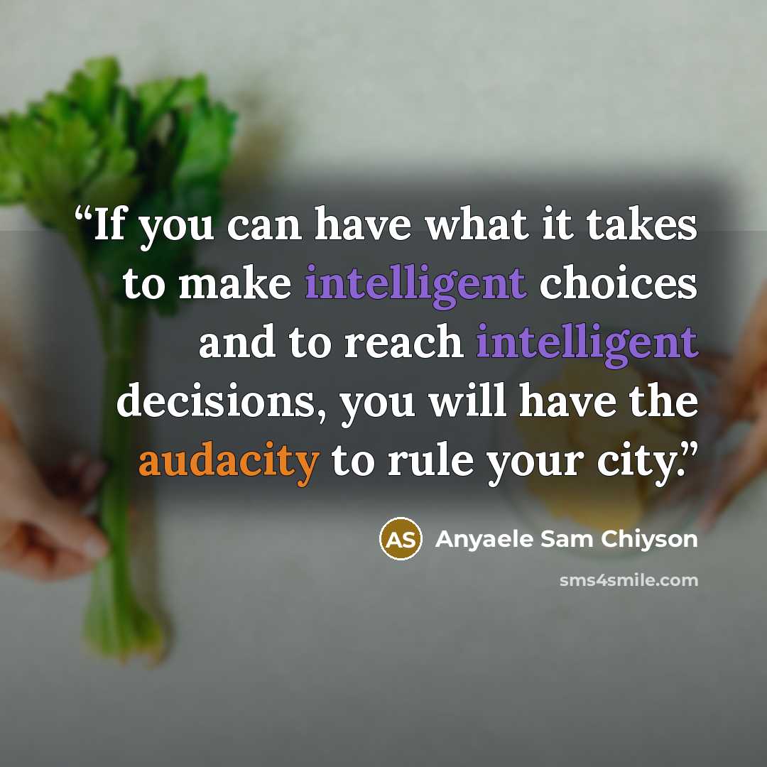 “If you can have what it takes to make intelligent choices and to reach intelligent decisions, you will have the audacity to rule your city.” quote by Anyaele Sam Chiyson