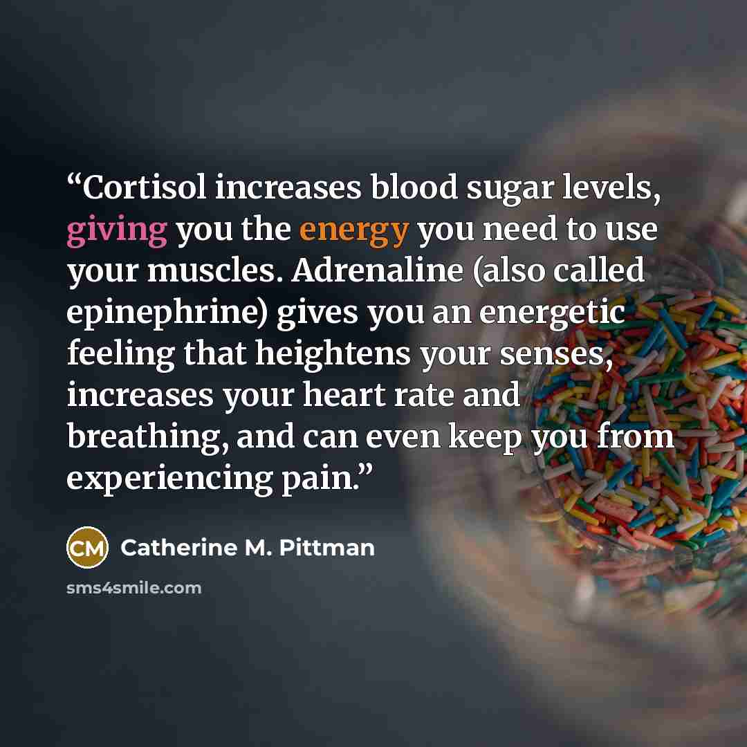 “Cortisol increases blood sugar levels, giving you the energy you need to use your muscles. Adrenaline (also called epinephrine) gives you an energetic feeling that heightens your senses, increases your heart rate and breathing, and can even keep you from experiencing pain.” quote by Catherine M. Pittman