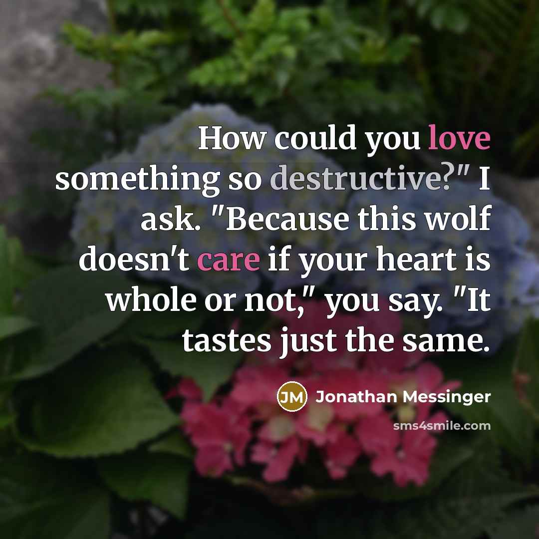 “How could you love something so destructive?" I ask. "Because this wolf doesn't care if your heart is whole or not," you say. "It tastes just the same.” quote by Jonathan Messinger