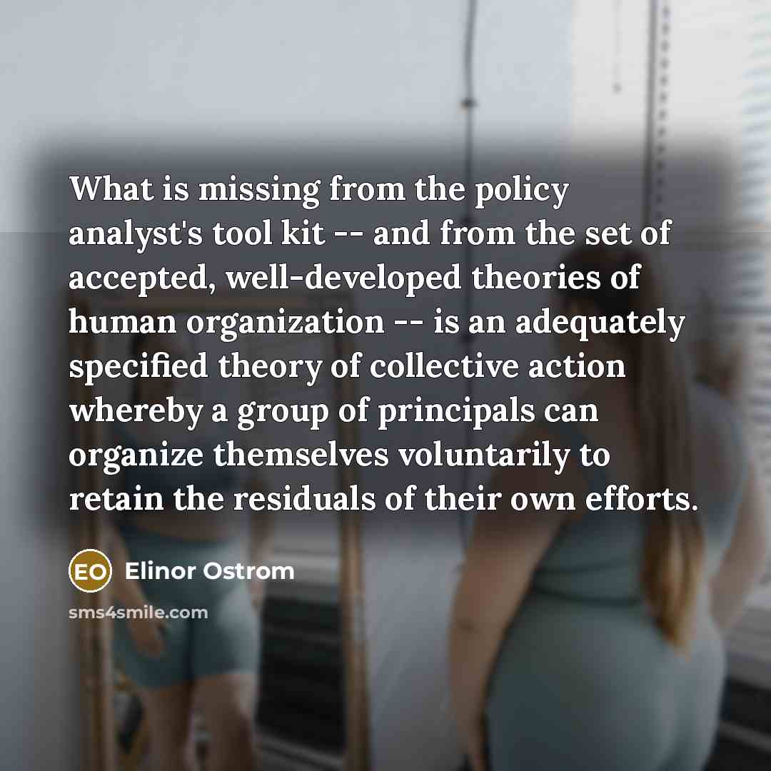 “What is missing from the policy analyst's tool kit -- and from the set of accepted, well-developed theories of human organization -- is an adequately specified theory of collective action whereby a group of principals can organize themselves voluntarily to retain the residuals of their own efforts.” quote by Elinor Ostrom