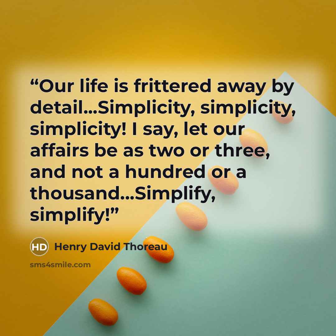 “Our life is frittered away by detail...Simplicity, simplicity, simplicity! I say, let our affairs be as two or three, and not a hundred or a thousand...Simplify, simplify!” quote by Henry David Thoreau