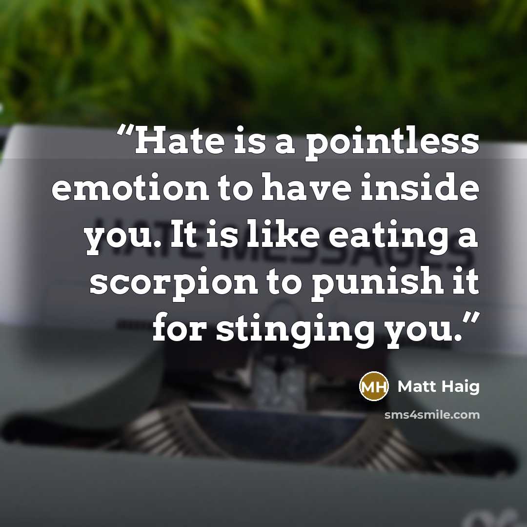 “Hate is a pointless emotion to have inside you. It is like eating a scorpion to punish it for stinging you.” quote by Matt Haig