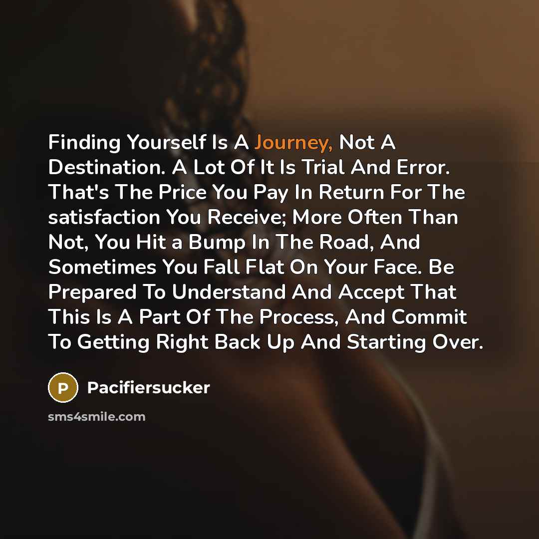 “Finding Yourself Is A Journey, Not A Destination. A Lot Of It Is Trial And Error. That's The Price You Pay In Return For The satisfaction You Receive; More Often Than Not, You Hit a Bump In The Road, And Sometimes You Fall Flat On Your Face. Be Prepared To Understand And Accept That This Is A Part…” quote by Pacifiersucker
