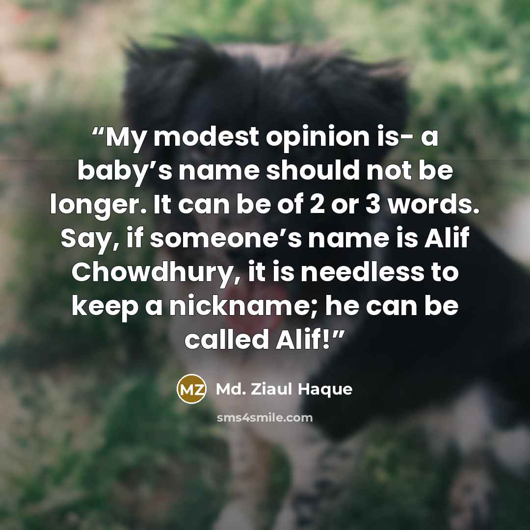 “My modest opinion is- a baby’s name should not be longer. It can be of 2 or 3 words. Say, if someone’s name is Alif Chowdhury, it is needless to keep a nickname; he can be called Alif!” quote by Md. Ziaul Haque