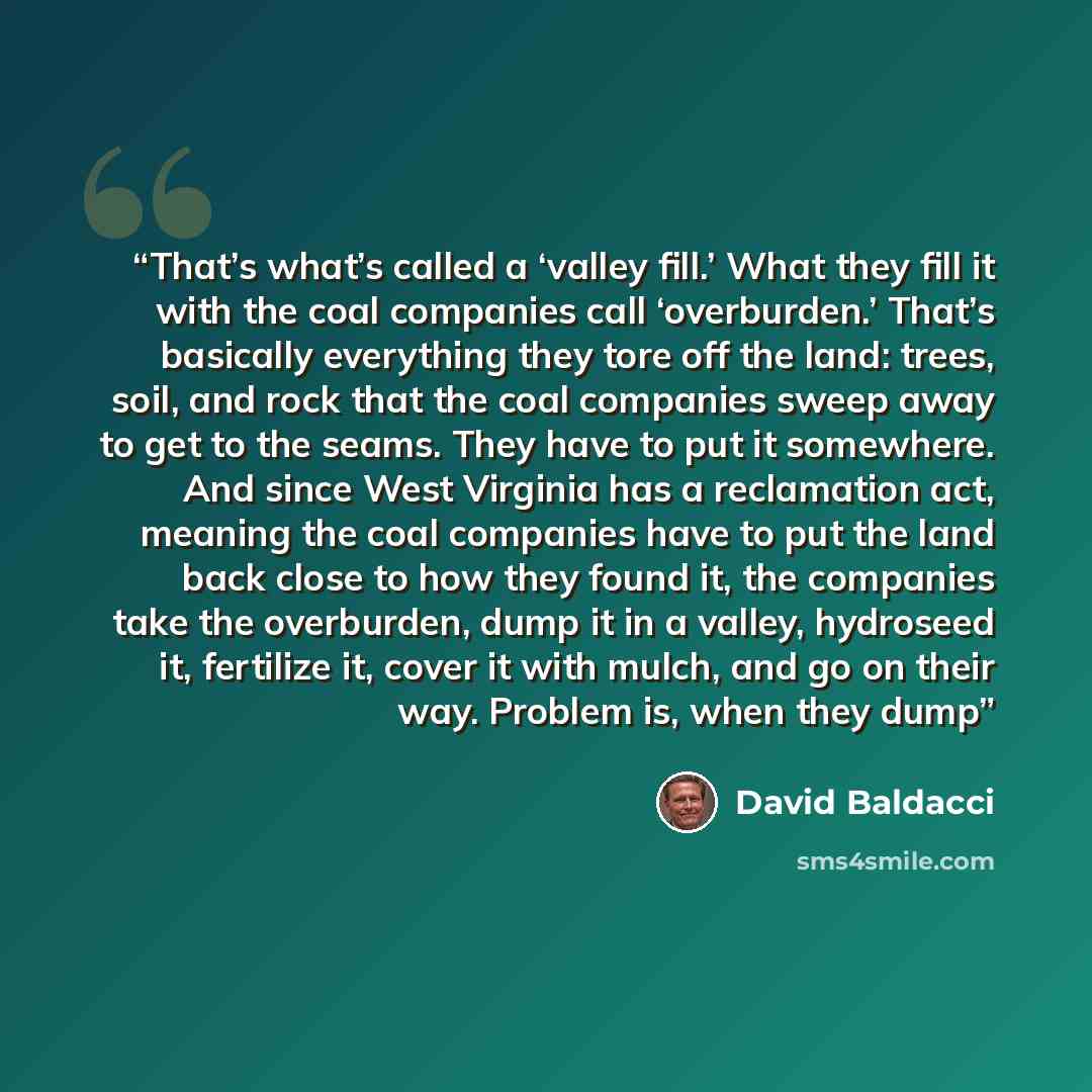 “That’s what’s called a ‘valley fill.’ What they fill it with the coal companies call ‘overburden.’ That’s basically everything they tore off the land: trees, soil, and rock that the coal companies sweep away to get to the seams. They have to put it somewhere. And since West Virginia has a…” quote by David Baldacci