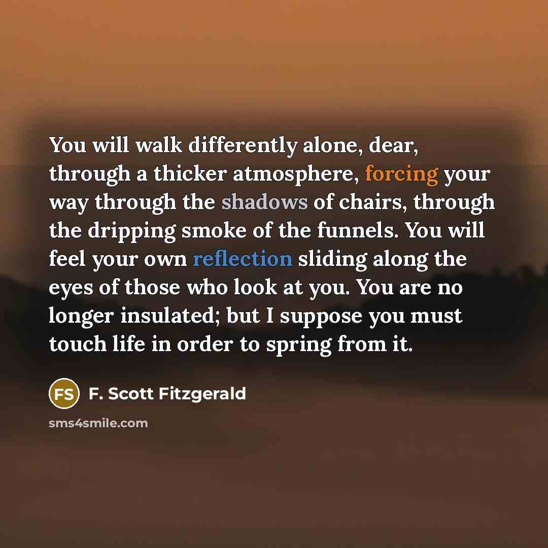 “You will walk differently alone, dear, through a thicker atmosphere, forcing your way through the shadows of chairs, through the dripping smoke of the funnels. You will feel your own reflection sliding along the eyes of those who look at you. You are no longer insulated; but I suppose you must…” quote by F. Scott Fitzgerald