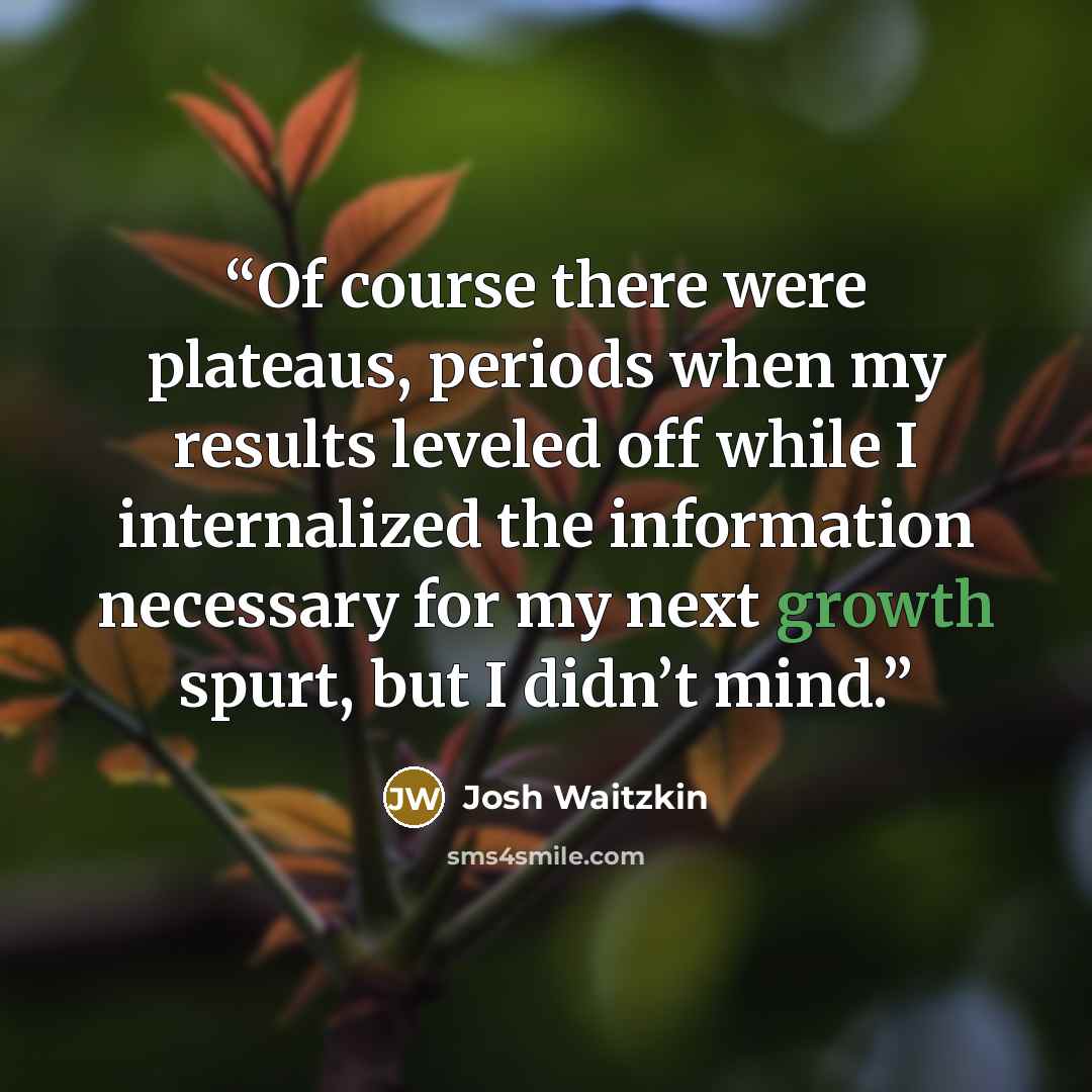 “Of course there were plateaus, periods when my results leveled off while I internalized the information necessary for my next growth spurt, but I didn’t mind.” quote by Josh Waitzkin