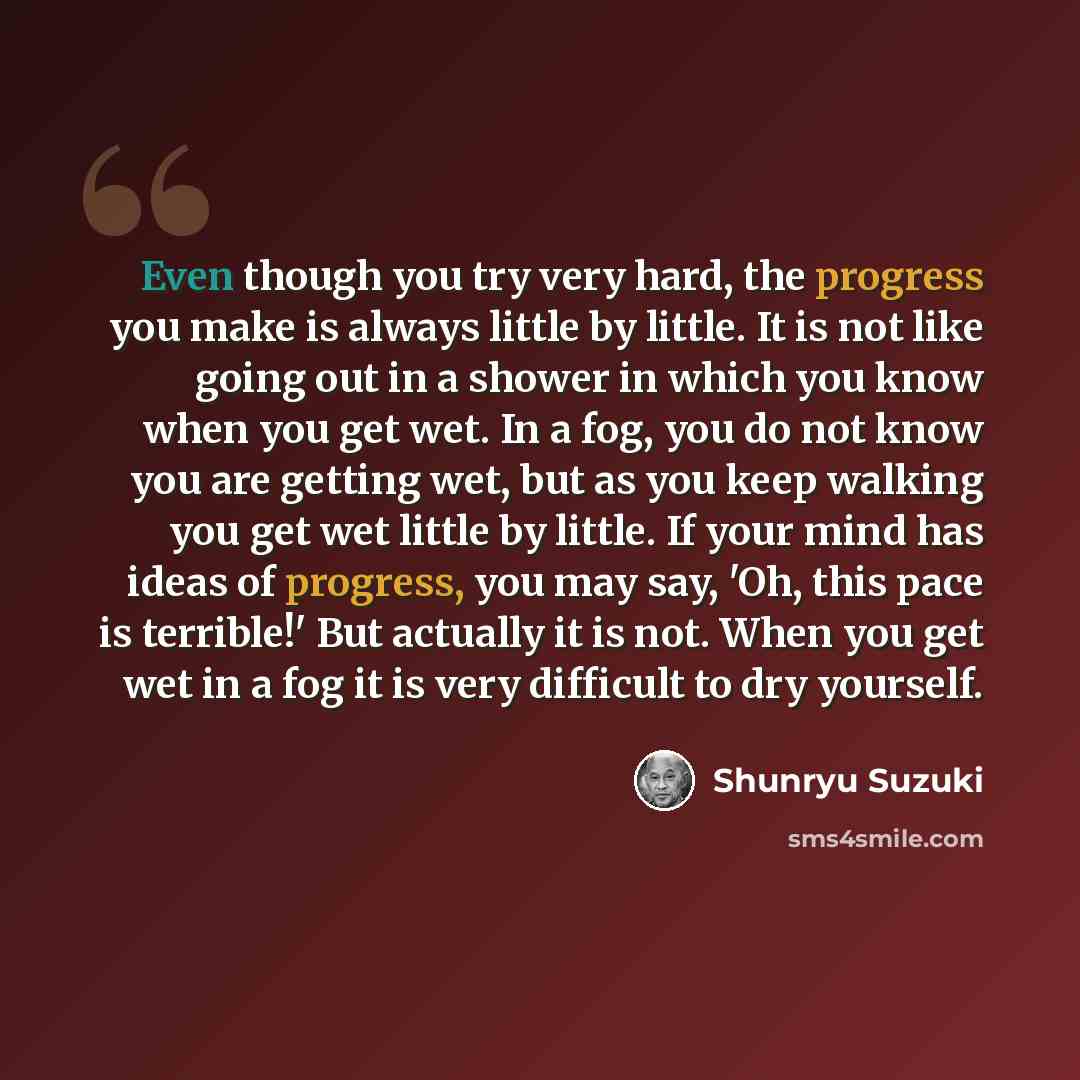 “Even though you try very hard, the progress you make is always little by little. It is not like going out in a shower in which you know when you get wet. In a fog, you do not know you are getting wet, but as you keep walking you get wet little by little. If your mind has ideas of progress, you may…” quote by Shunryu Suzuki