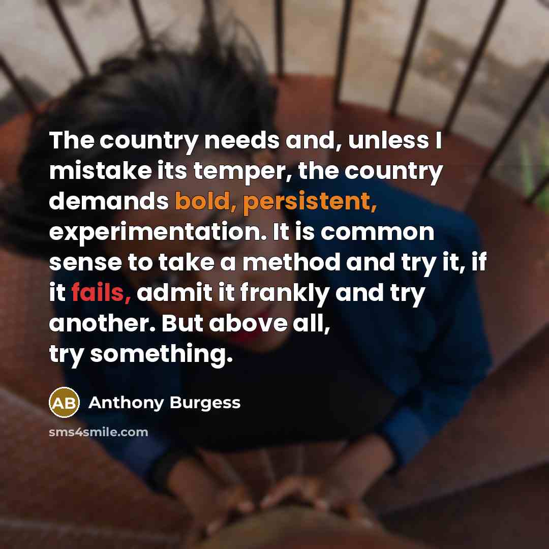 “The country needs and, unless I mistake its temper, the country demands bold, persistent, experimentation. It is common sense to take a method and try it, if it fails, admit it frankly and try another. But above all, try something.” quote by Anthony Burgess