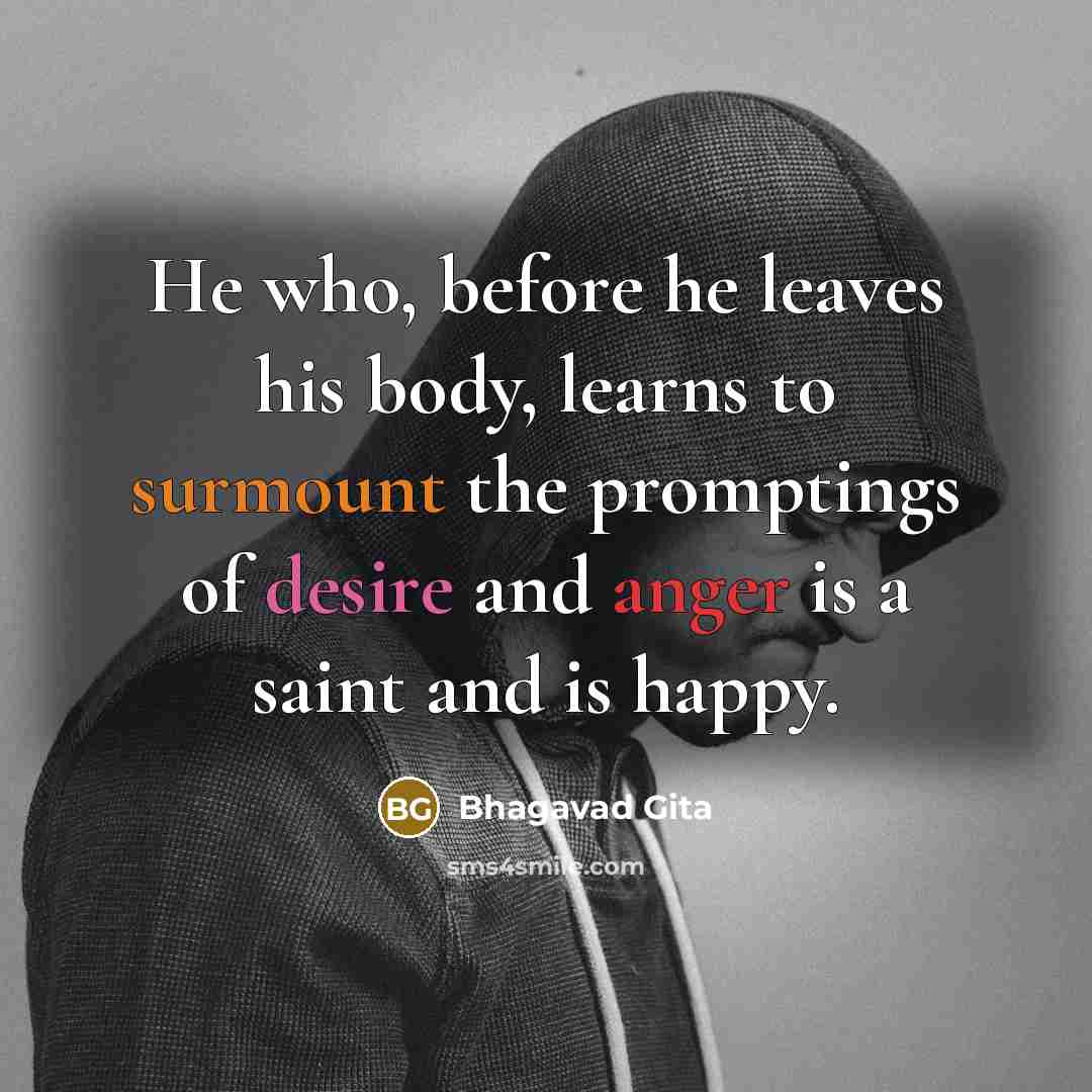 “He who, before he leaves his body, learns to surmount the promptings of desire and anger is a saint and is happy.” quote by Bhagavad Gita