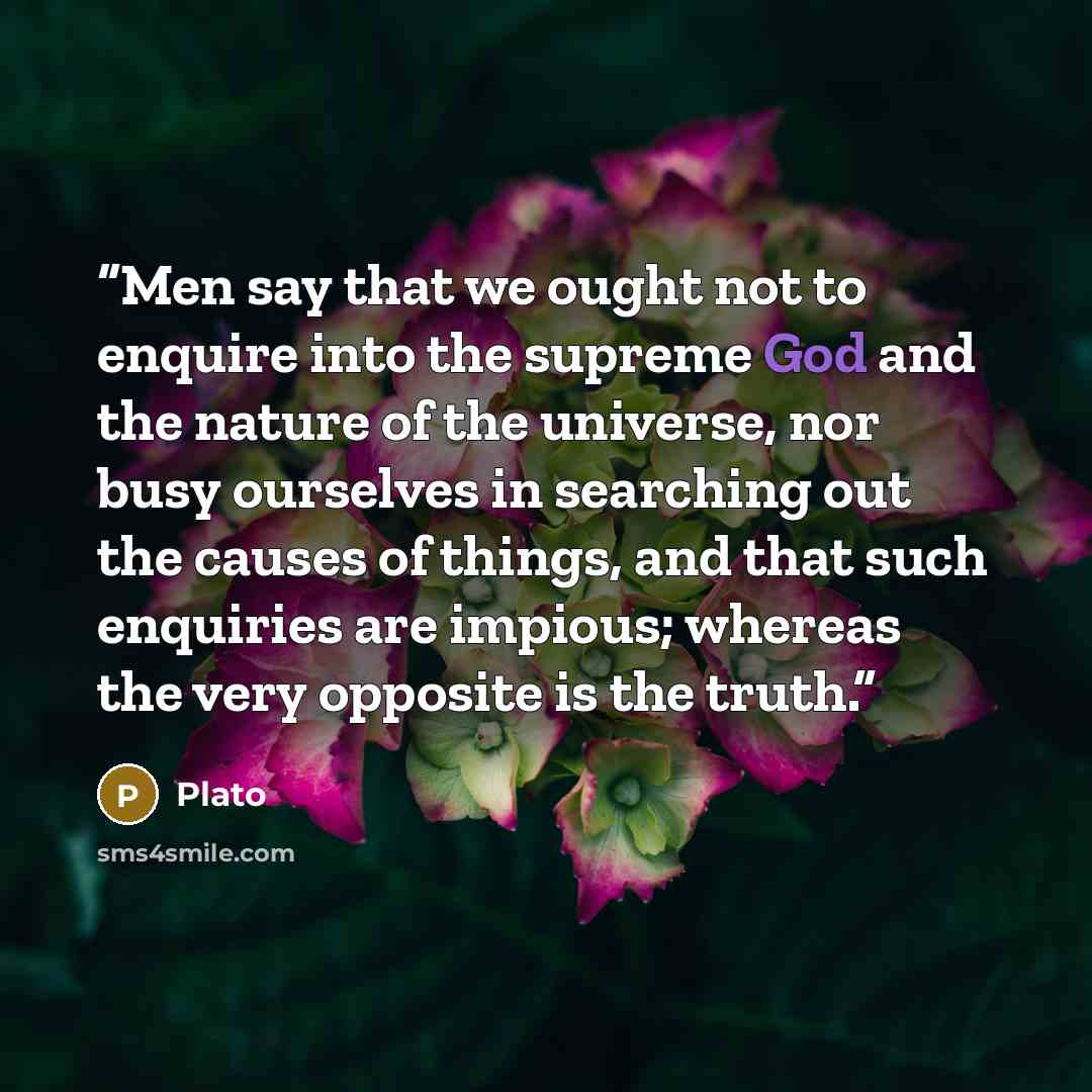 “Men say that we ought not to enquire into the supreme God and the nature of the universe, nor busy ourselves in searching out the causes of things, and that such enquiries are impious; whereas the very opposite is the truth.” quote by Plato