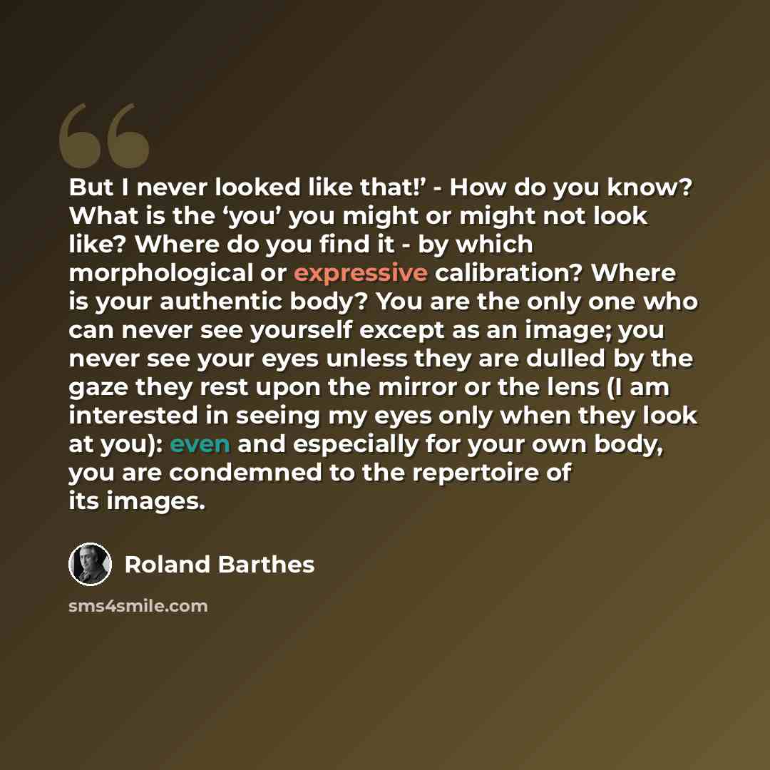 “But I never looked like that!’ - How do you know? What is the ‘you’ you might or might not look like? Where do you find it - by which morphological or expressive calibration? Where is your authentic body? You are the only one who can never see yourself except as an image; you never see your eyes…” quote by Roland Barthes