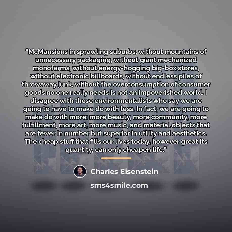 “McMansions in sprawling suburbs, without mountains of unnecessary packaging, without giant mechanized monofarms, without energy-hogging big-box stores, without electronic billboards, without endless piles of throwaway junk, without the overconsumption of consumer goods no one really needs is not…” quote by Charles Eisenstein