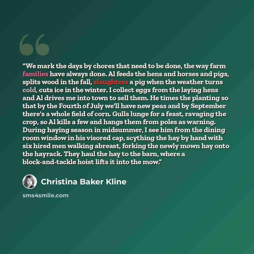 “We mark the days by chores that need to be done, the way farm families have always done. Al feeds the hens and horses and pigs, splits wood in the fall, slaughters a pig when the weather turns cold, cuts ice in the winter. I collect eggs from the laying hens and Al drives me into town to sell…” quote by Christina Baker Kline