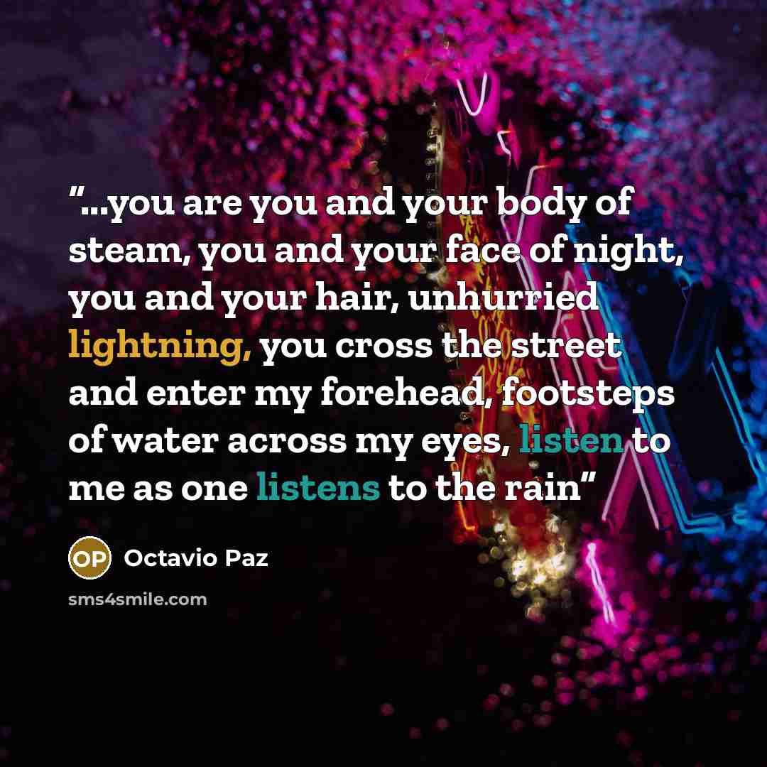 “...you are you and your body of steam, you and your face of night, you and your hair, unhurried lightning, you cross the street and enter my forehead, footsteps of water across my eyes, listen to me as one listens to the rain” quote by Octavio Paz