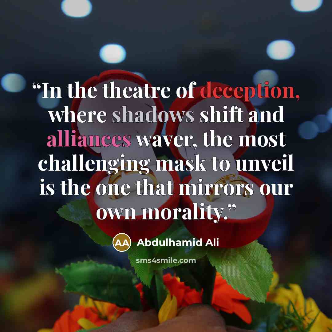 “In the theatre of deception, where shadows shift and alliances waver, the most challenging mask to unveil is the one that mirrors our own morality.” quote by Abdulhamid Ali