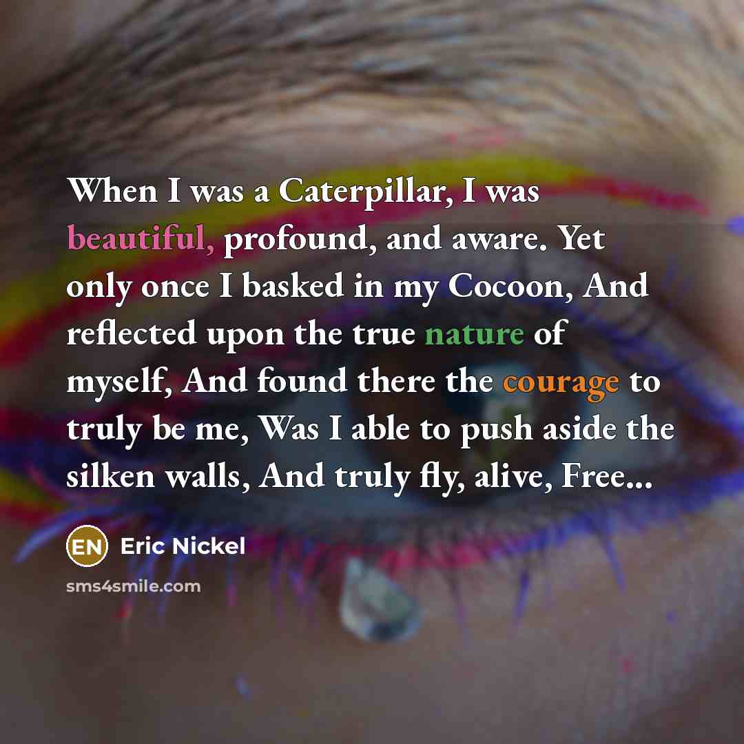 “When I was a Caterpillar, I was beautiful, profound, and aware. Yet only once I basked in my Cocoon, And reflected upon the true nature of myself, And found there the courage to truly be me, Was I able to push aside the silken walls, And truly fly, alive, Free...” quote by Eric Nickel