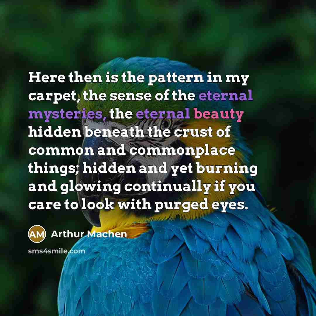 “Here then is the pattern in my carpet, the sense of the eternal mysteries, the eternal beauty hidden beneath the crust of common and commonplace things; hidden and yet burning and glowing continually if you care to look with purged eyes.” quote by Arthur Machen