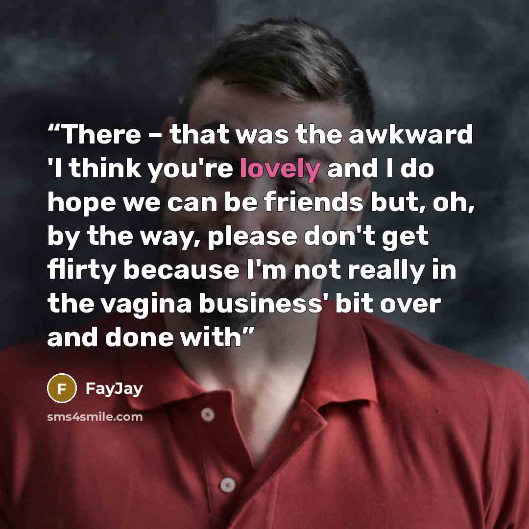 “There – that was the awkward 'I think you're lovely and I do hope we can be friends but, oh, by the way, please don't get flirty because I'm not really in the vagina business' bit over and done with” quote by FayJay