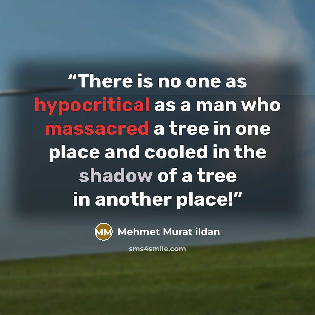 “There is no one as hypocritical as a man who massacred a tree in one place and cooled in the shadow of a tree in another place!” quote by Mehmet Murat ildan