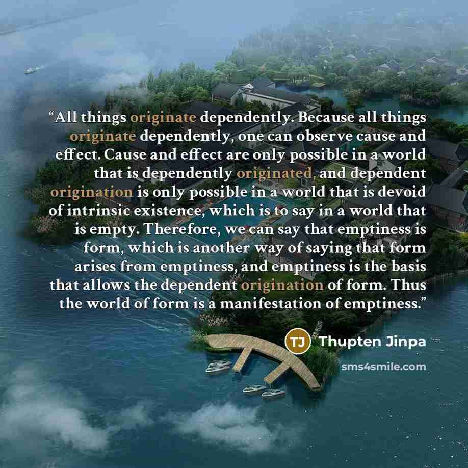 “All things originate dependently. Because all things originate dependently, one can observe cause and effect. Cause and effect are only possible in a world that is dependently originated, and dependent origination is only possible in a world that is devoid of intrinsic existence, which is to say…” quote by Thupten Jinpa