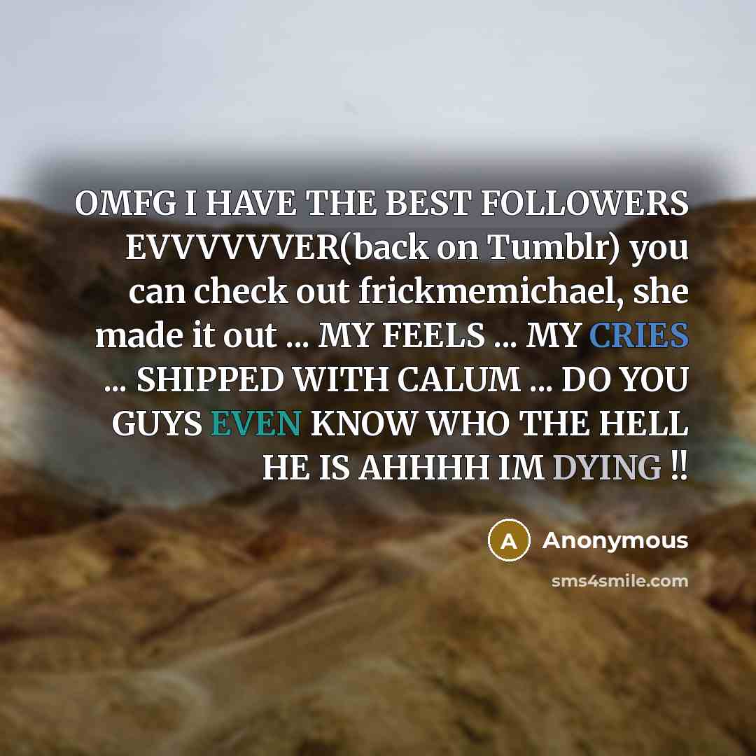 “OMFG I HAVE THE BEST FOLLOWERS EVVVVVVER(back on Tumblr) you can check out frickmemichael, she made it out ... MY FEELS ... MY CRIES ... SHIPPED WITH CALUM ... DO YOU GUYS EVEN KNOW WHO THE HELL HE IS AHHHH IM DYING !!” quote by Anonymous