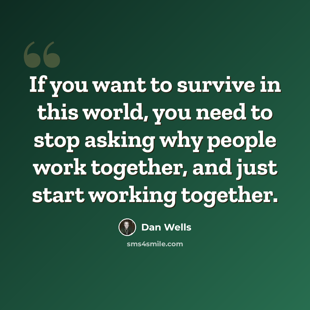 “If you want to survive in this world, you need to stop asking why people work together, and just start working together.” quote by Dan Wells