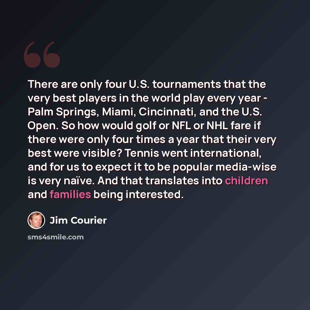 “There are only four U.S. tournaments that the very best players in the world play every year - Palm Springs, Miami, Cincinnati, and the U.S. Open. So how would golf or NFL or NHL fare if there were only four times a year that their very best were visible? Tennis went international, and for us to…” quote by Jim Courier