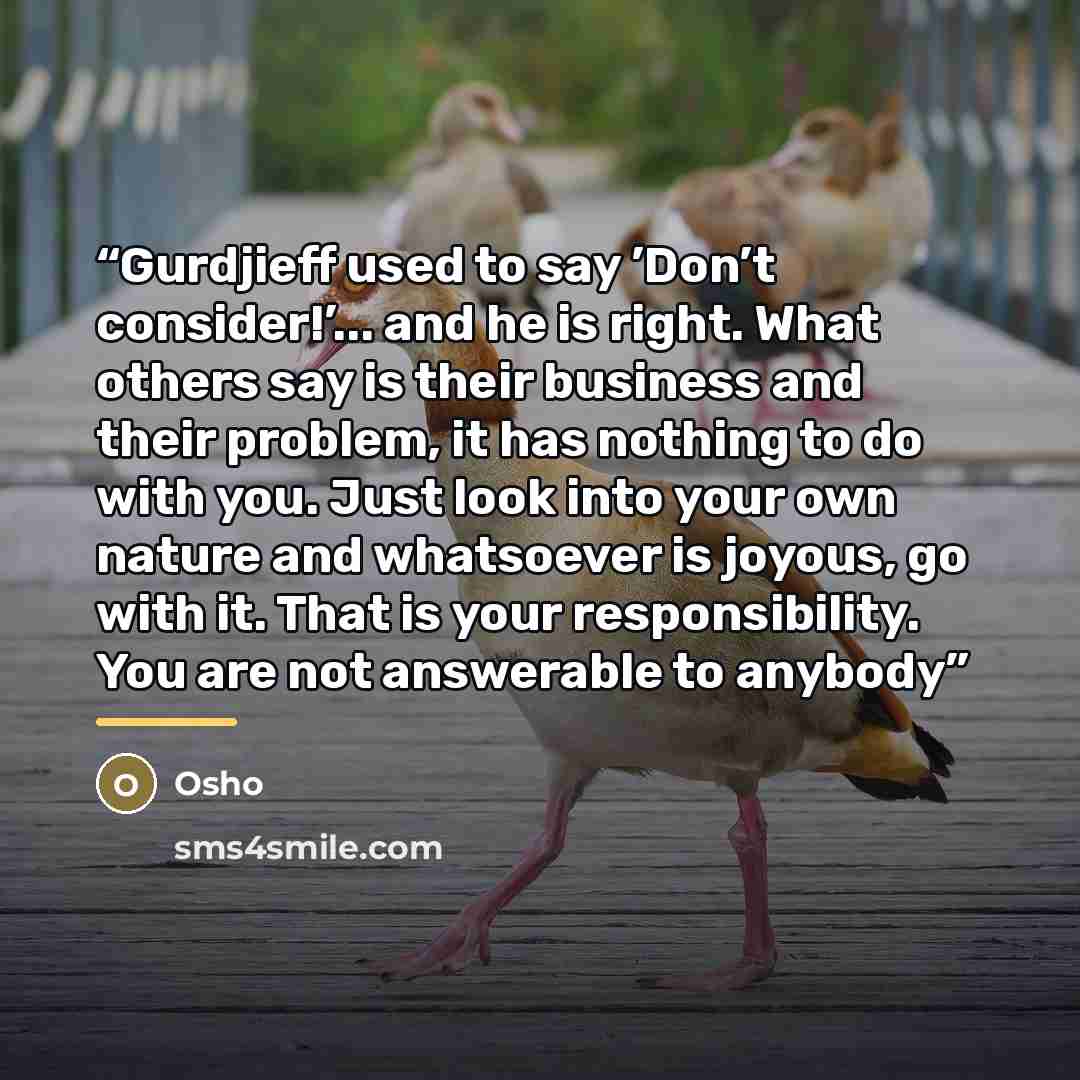 “Gurdjieff used to say ’Don’t consider!’... and he is right. What others say is their business and their problem, it has nothing to do with you. Just look into your own nature and whatsoever is joyous, go with it. That is your responsibility. You are not answerable to anybody” quote by Osho