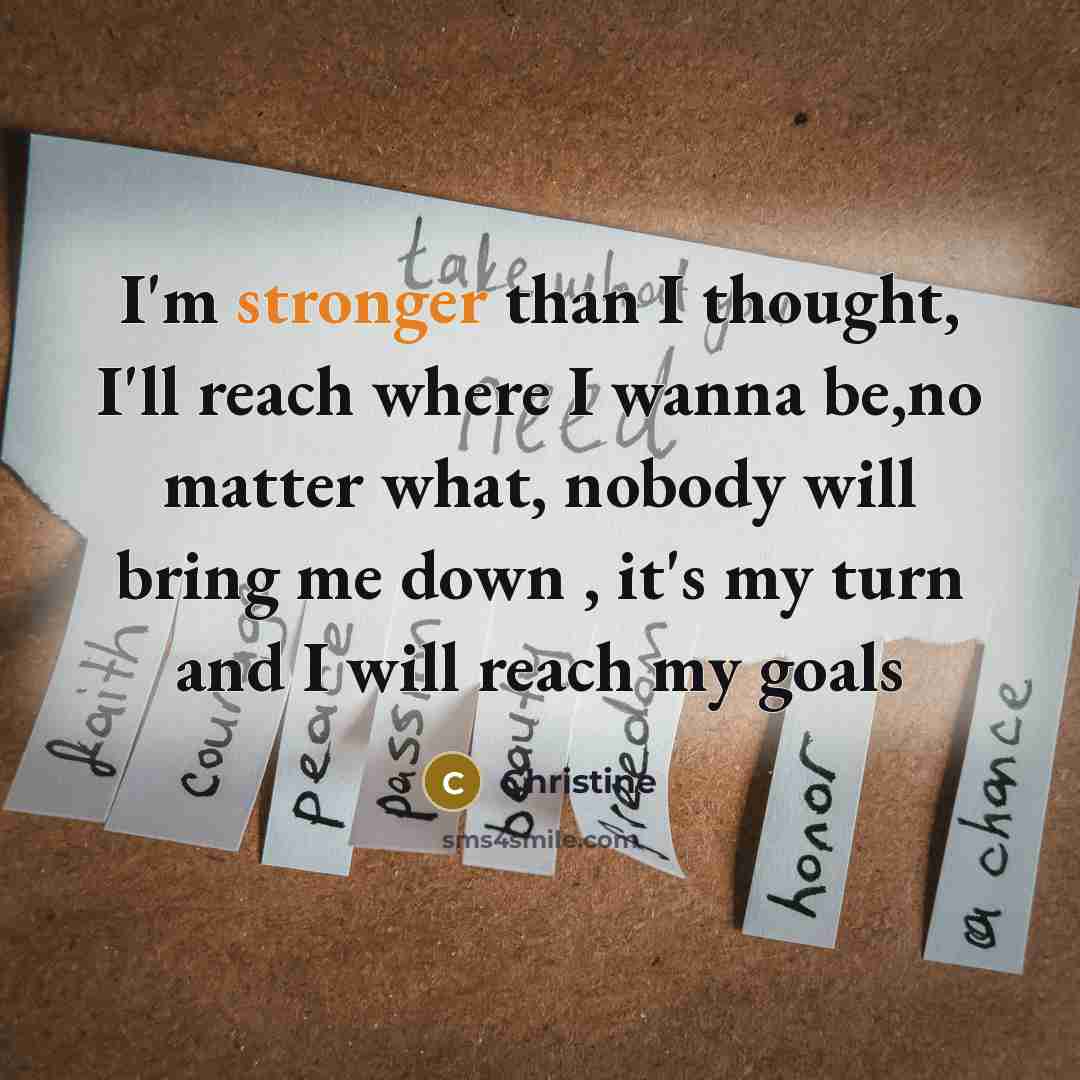“I'm stronger than I thought, I'll reach where I wanna be,no matter what, nobody will bring me down , it's my turn and I will reach my goals” quote by Christine