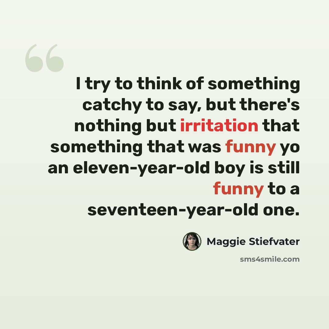 “I try to think of something catchy to say, but there's nothing but irritation that something that was funny yo an eleven-year-old boy is still funny to a seventeen-year-old one.” quote by Maggie Stiefvater