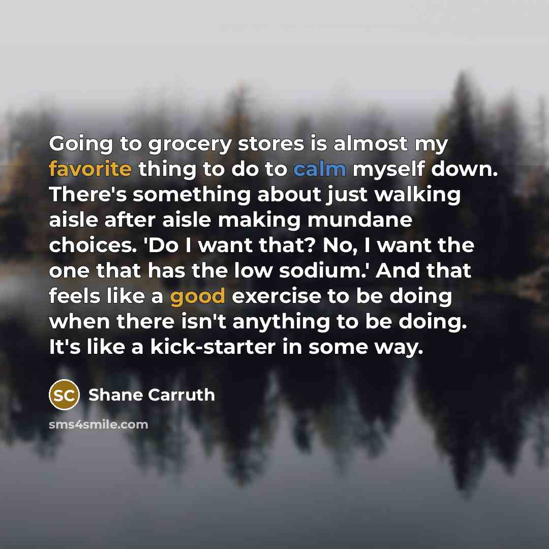 “Going to grocery stores is almost my favorite thing to do to calm myself down. There's something about just walking aisle after aisle making mundane choices. 'Do I want that? No, I want the one that has the low sodium.' And that feels like a good exercise to be doing when there isn't anything to…” quote by Shane Carruth
