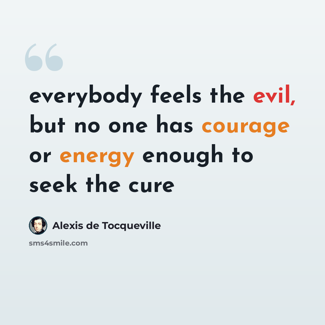 “everybody feels the evil, but no one has courage or energy enough to seek the cure” quote by Alexis de Tocqueville