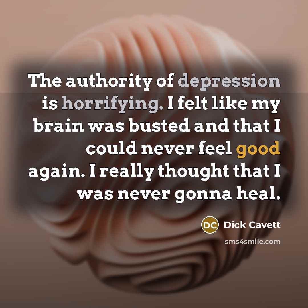 “The authority of depression is horrifying. I felt like my brain was busted and that I could never feel good again. I really thought that I was never gonna heal.” quote by Dick Cavett