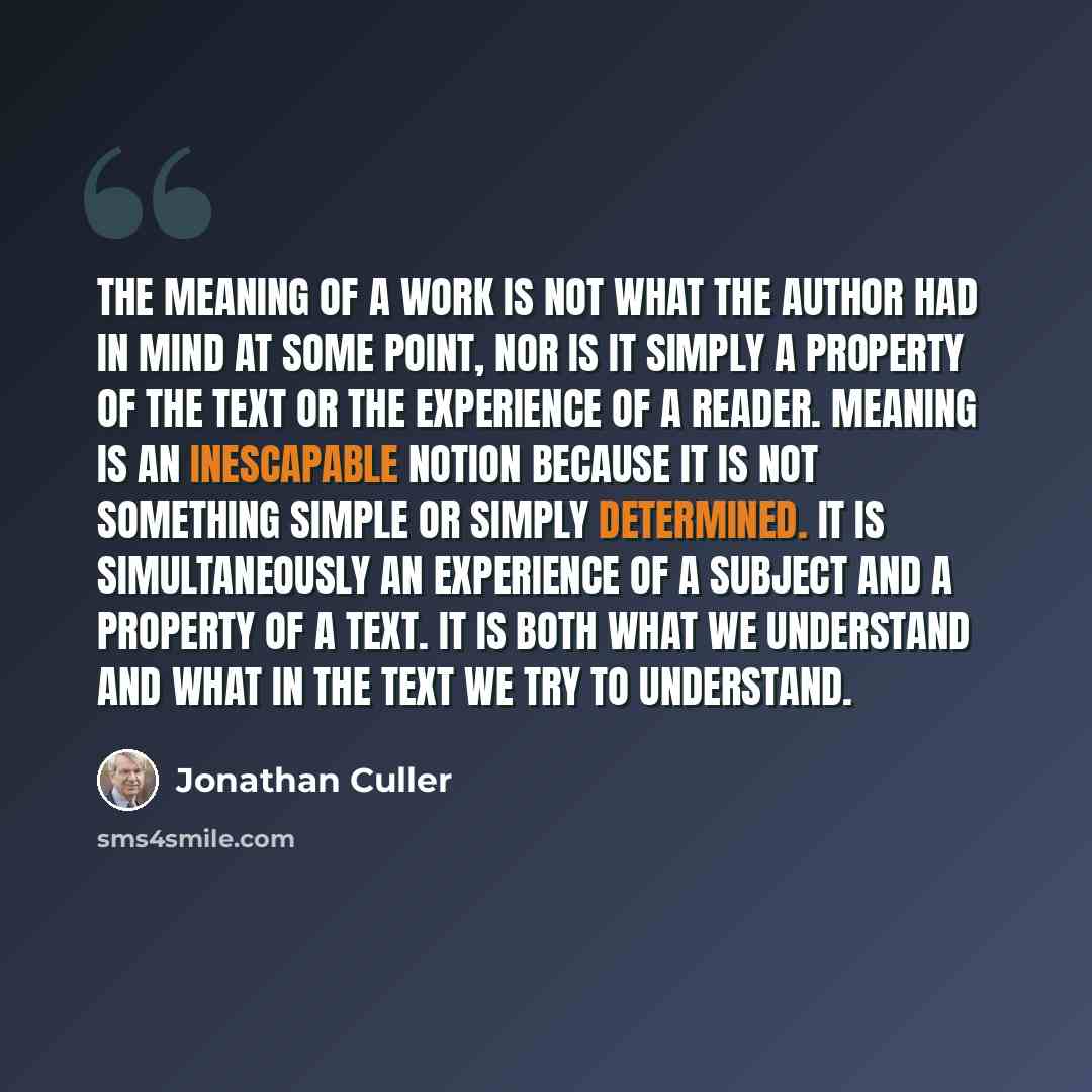 “The meaning of a work is not what the author had in mind at some point, nor is it simply a property of the text or the experience of a reader. Meaning is an inescapable notion because it is not something simple or simply determined. It is simultaneously an experience of a subject and a property of…” quote by Jonathan Culler