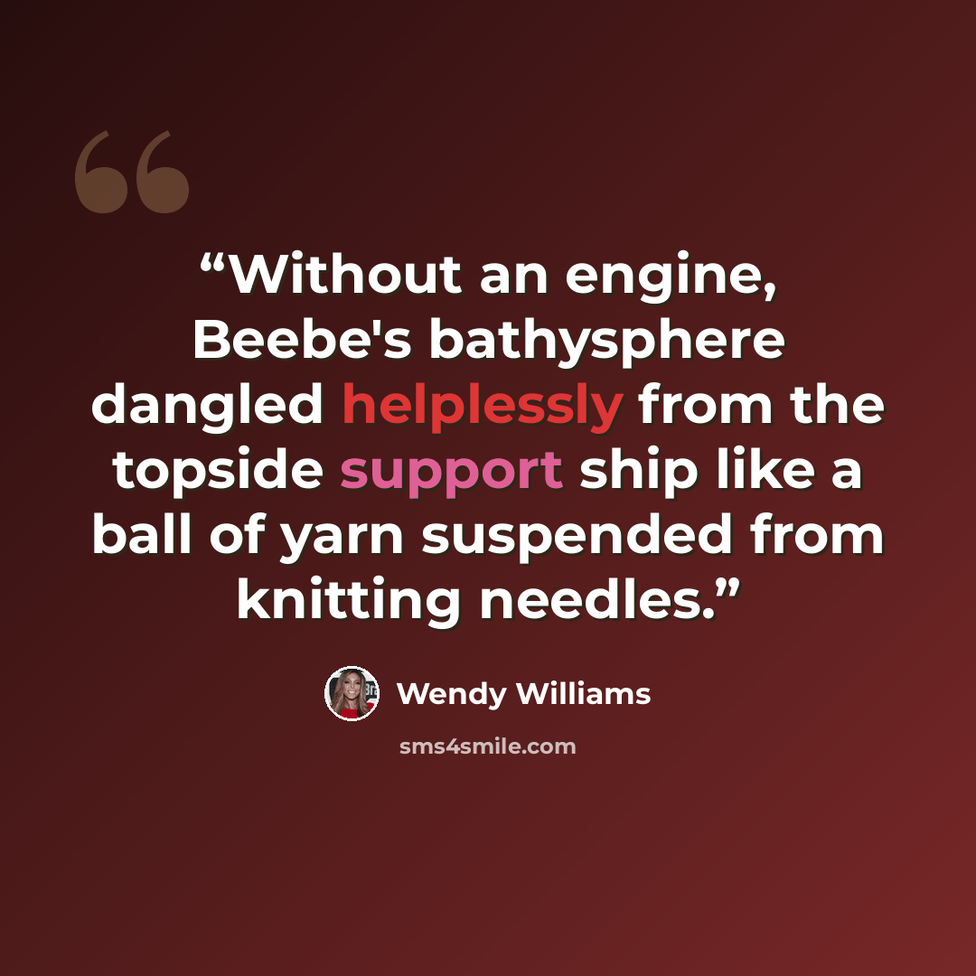 “Without an engine, Beebe's bathysphere dangled helplessly from the topside support ship like a ball of yarn suspended from knitting needles.” quote by Wendy Williams
