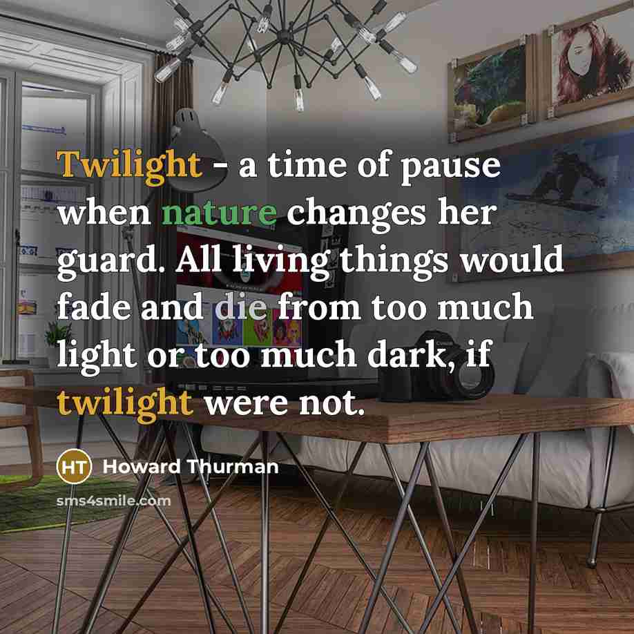 “Twilight - a time of pause when nature changes her guard. All living things would fade and die from too much light or too much dark, if twilight were not.” quote by Howard Thurman