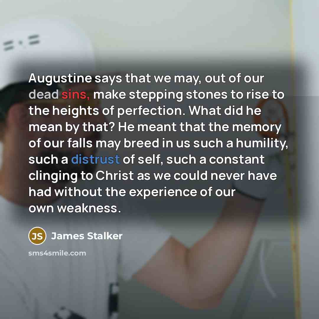 “Augustine says that we may, out of our dead sins, make stepping stones to rise to the heights of perfection. What did he mean by that? He meant that the memory of our falls may breed in us such a humility, such a distrust of self, such a constant clinging to Christ as we could never have had…” quote by James Stalker