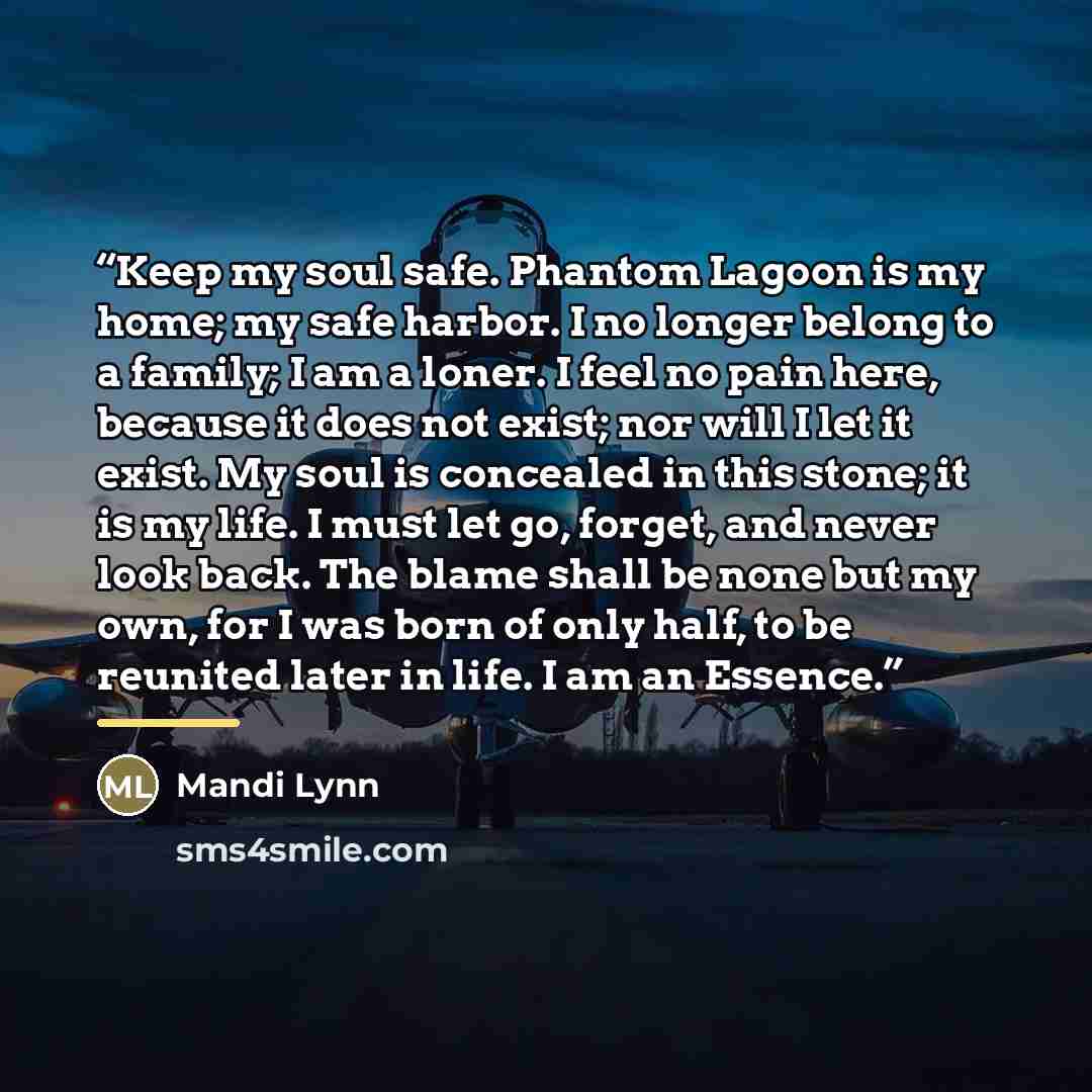 “Keep my soul safe. Phantom Lagoon is my home; my safe harbor. I no longer belong to a family; I am a loner. I feel no pain here, because it does not exist; nor will I let it exist. My soul is concealed in this stone; it is my life. I must let go, forget, and never look back. The blame shall be…” quote by Mandi Lynn