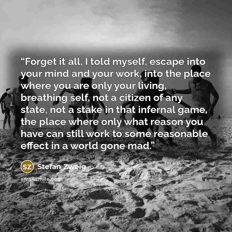 “Forget it all, I told myself, escape into your mind and your work, into the place where you are only your living, breathing self, not a citizen of any state, not a stake in that infernal game, the place where only what reason you have can still work to some reasonable effect in a world gone mad.” quote by Stefan Zweig