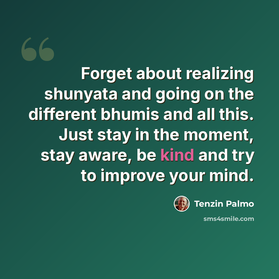 “Forget about realizing shunyata and going on the different bhumis and all this. Just stay in the moment, stay aware, be kind and try to improve your mind.” quote by Tenzin Palmo
