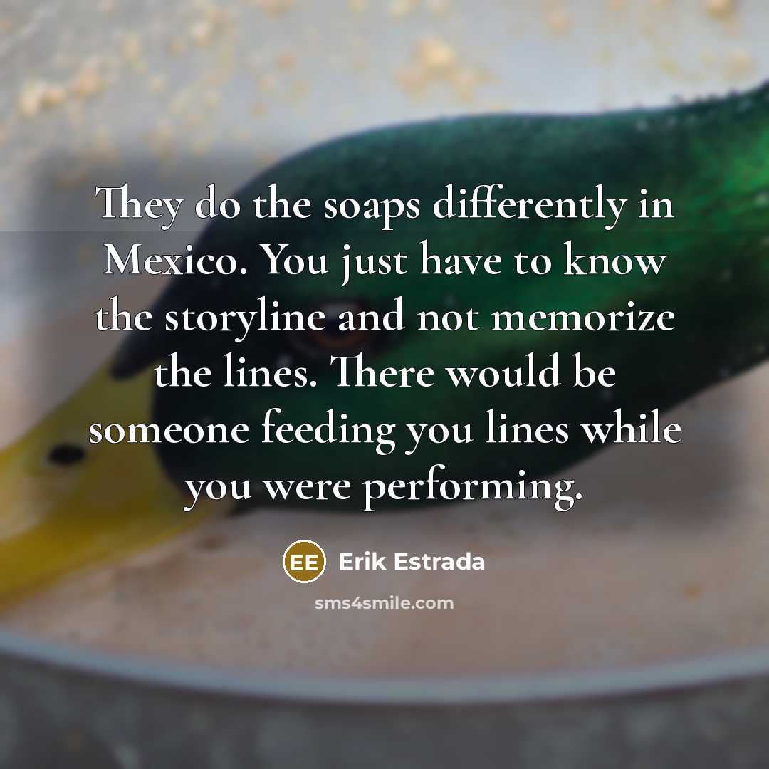 “They do the soaps differently in Mexico. You just have to know the storyline and not memorize the lines. There would be someone feeding you lines while you were performing.” quote by Erik Estrada