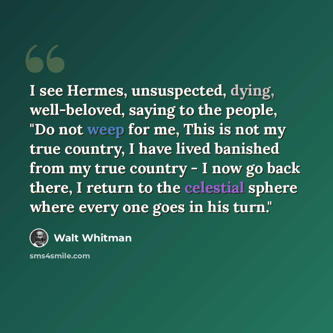 “I see Hermes, unsuspected, dying, well-beloved, saying to the people, "Do not weep for me, This is not my true country, I have lived banished from my true country - I now go back there, I return to the celestial sphere where every one goes in his turn."” quote by Walt Whitman