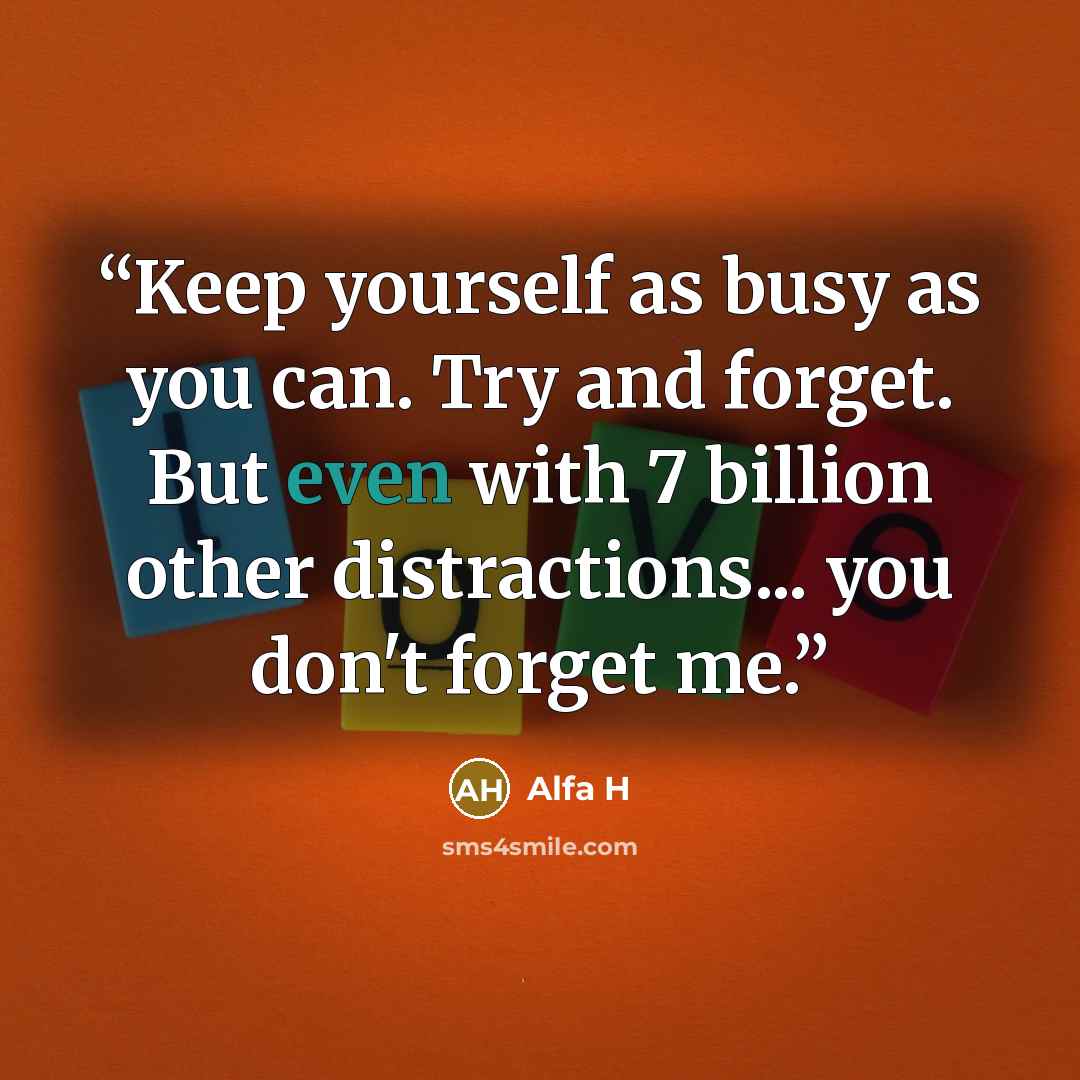 “Keep yourself as busy as you can. Try and forget. But even with 7 billion other distractions... you don't forget me.” quote by Alfa H