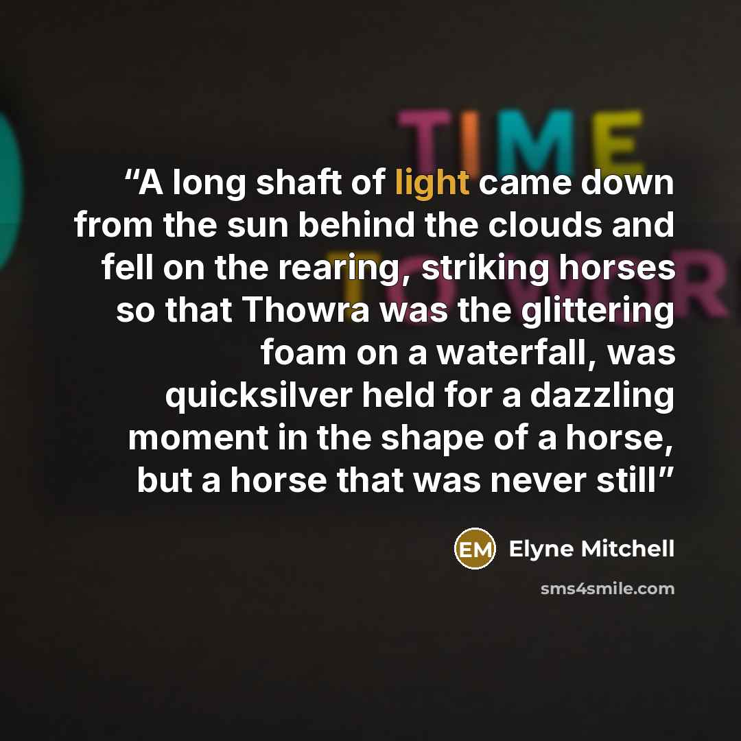 “A long shaft of light came down from the sun behind the clouds and fell on the rearing, striking horses so that Thowra was the glittering foam on a waterfall, was quicksilver held for a dazzling moment in the shape of a horse, but a horse that was never still” quote by Elyne Mitchell