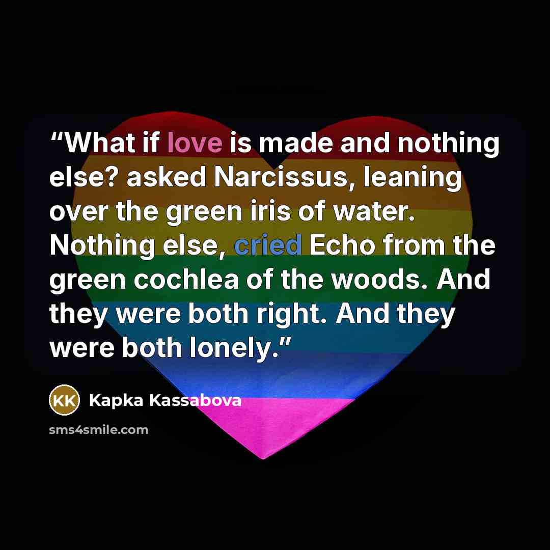 “What if love is made and nothing else? asked Narcissus, leaning over the green iris of water. Nothing else, cried Echo from the green cochlea of the woods. And they were both right. And they were both lonely.” quote by Kapka Kassabova