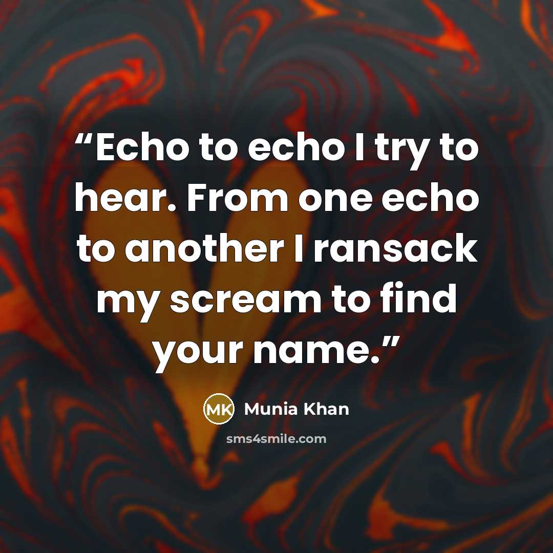“Echo to echo I try to hear. From one echo to another I ransack my scream to find your name.” quote by Munia Khan