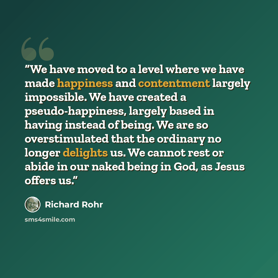 “We have moved to a level where we have made happiness and contentment largely impossible. We have created a pseudo-happiness, largely based in having instead of being. We are so overstimulated that the ordinary no longer delights us. We cannot rest or abide in our naked being in God, as Jesus…” quote by Richard Rohr