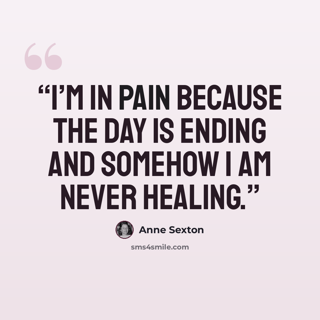 “I’m in pain because the day is ending and somehow I am never healing.” quote by Anne Sexton