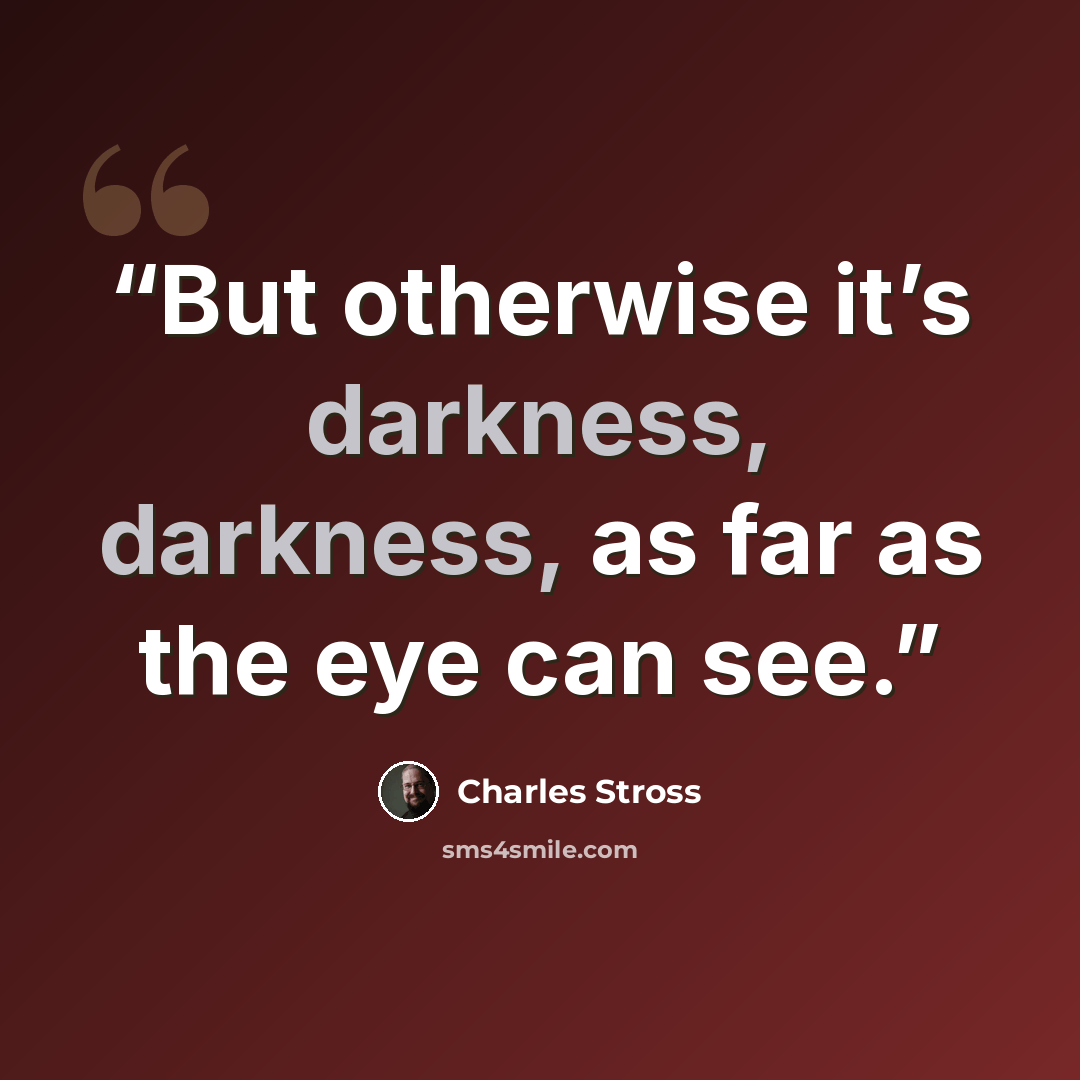 “But otherwise it’s darkness, darkness, as far as the eye can see.” quote by Charles Stross